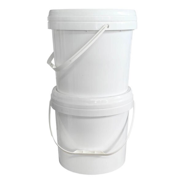 Stacked circular plastic white bucket