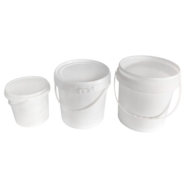 Various sizes of circular plastic white bucket