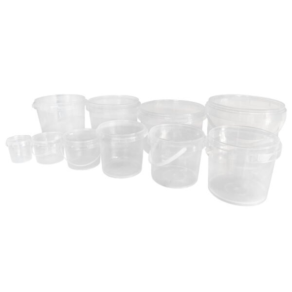 Multiple transparent round plastic buckets of different sizes