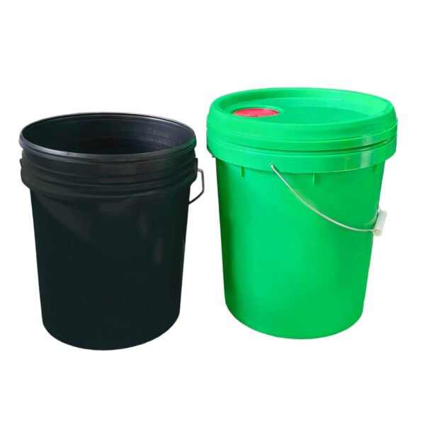 Multi-colored round plastic buckets with metal handles