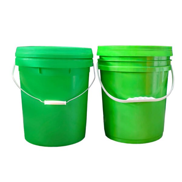 Green round plastic bucket with handles of different materials