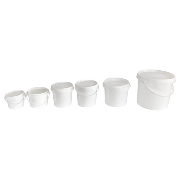 Circular plastic white buckets of different sizes