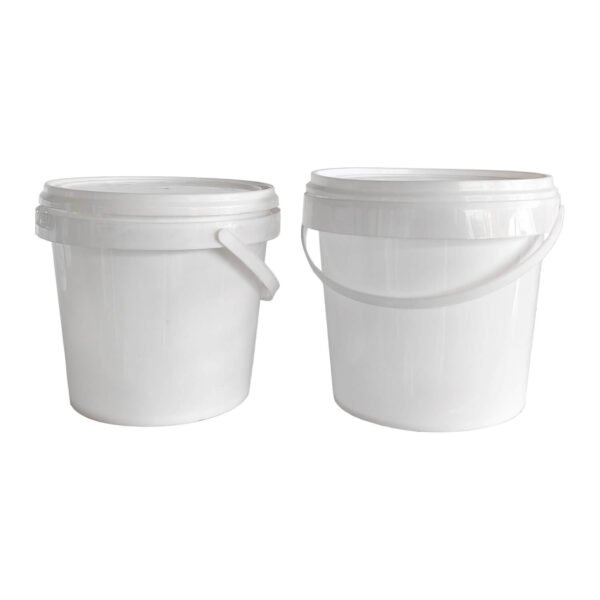Two circular plastic white buckets