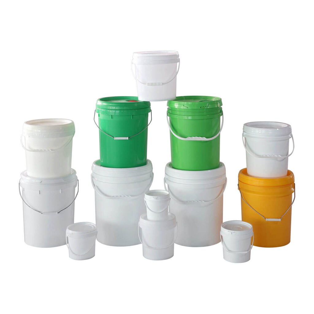 Stackable round plastic buckets of different sizes