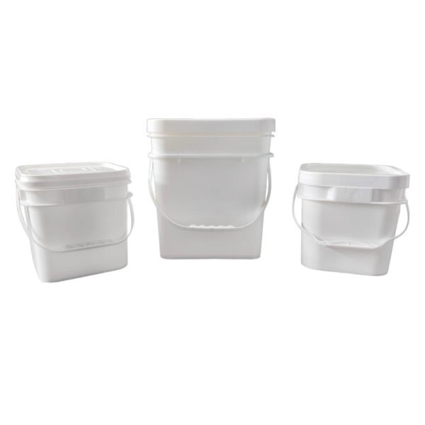 White square plastic buckets in various sizes