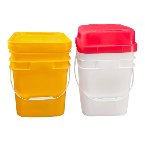 Multi-colored square plastic buckets in various sizes