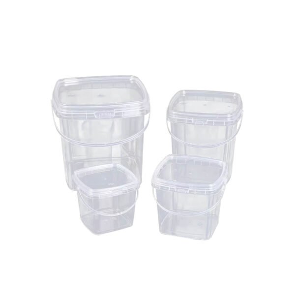 Stacked square transparent thin-walled buckets