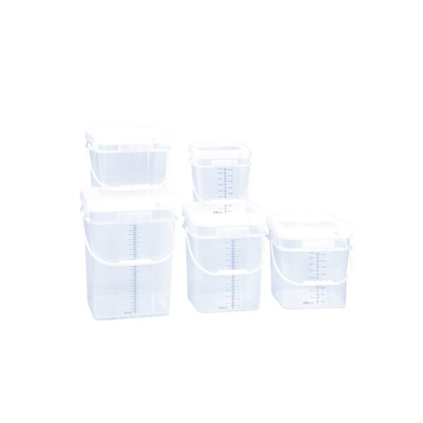Stacked square transparent thin-walled buckets of different sizes