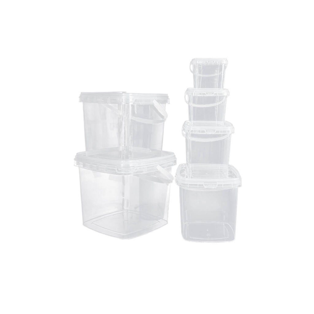 Stacked square transparent buckets