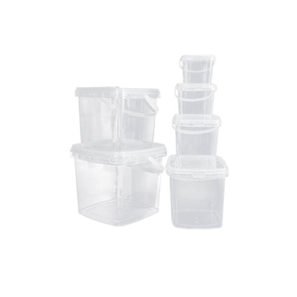 Stacked square transparent buckets